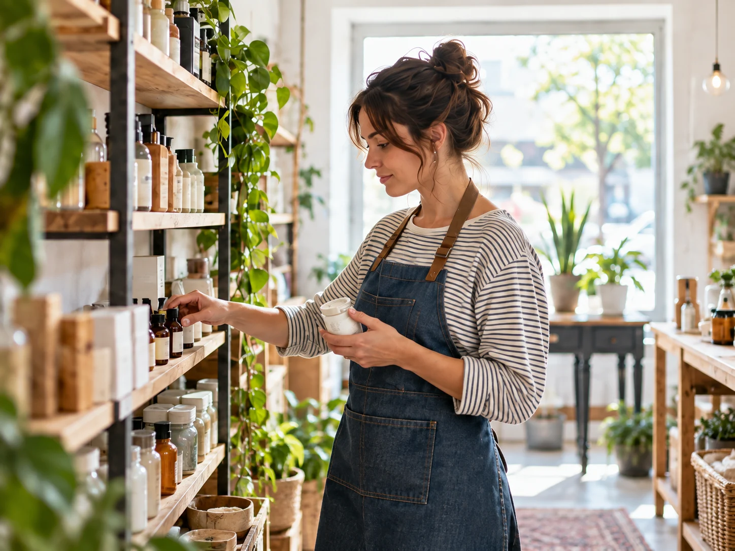 Shop owner checking products on a shelf